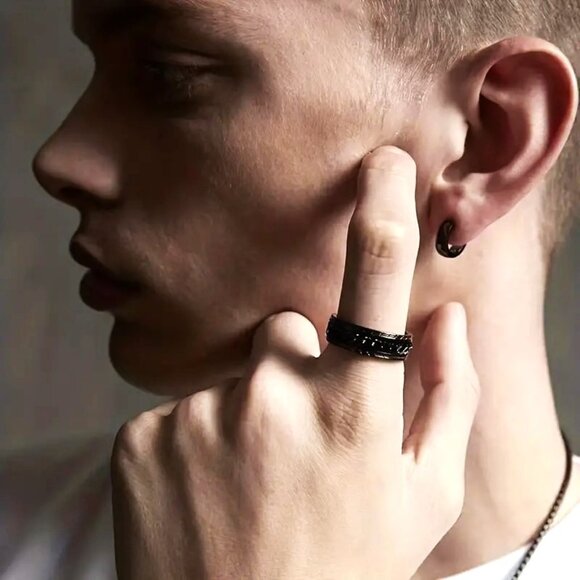 Ring Spinner Men's Black Silver SZ 10 Stainless Chain Rotates Anxiety Edgy Rock - Picture 2 of 3